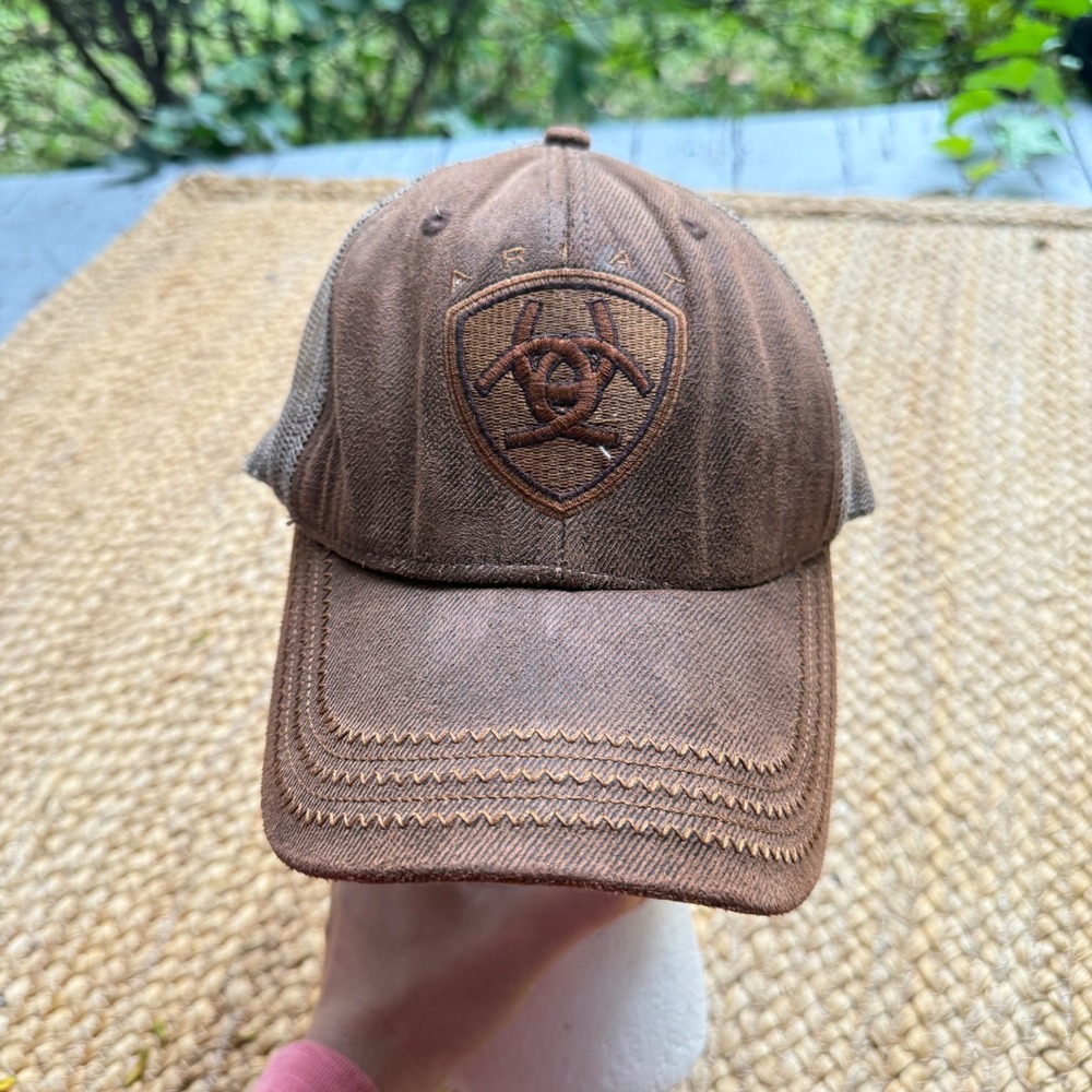 Ariat Mens Brown Mesh Back Trucker Hat Embroidered Shield Logo Adjustable Cap